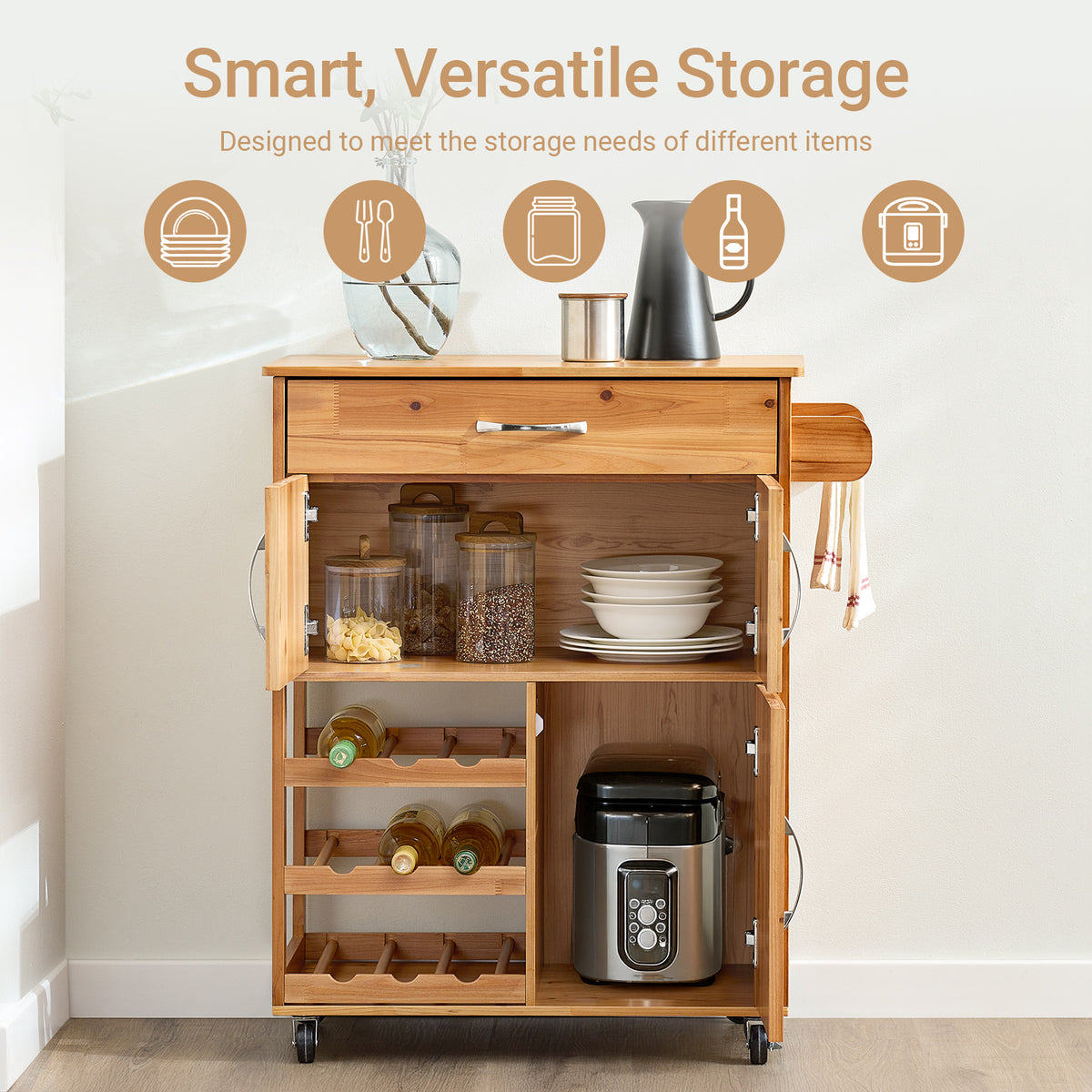 Pre-sale SoBuy FKW45-N, Kitchen Trolley on Wheels Solid Wood Free-Standing Storage Unit with Wine Rack, Drawer & Cupboards, Small Kitchen Island – Ideal for Coffee Station, Dining Room, Outdoor Bar 66x38x86cm