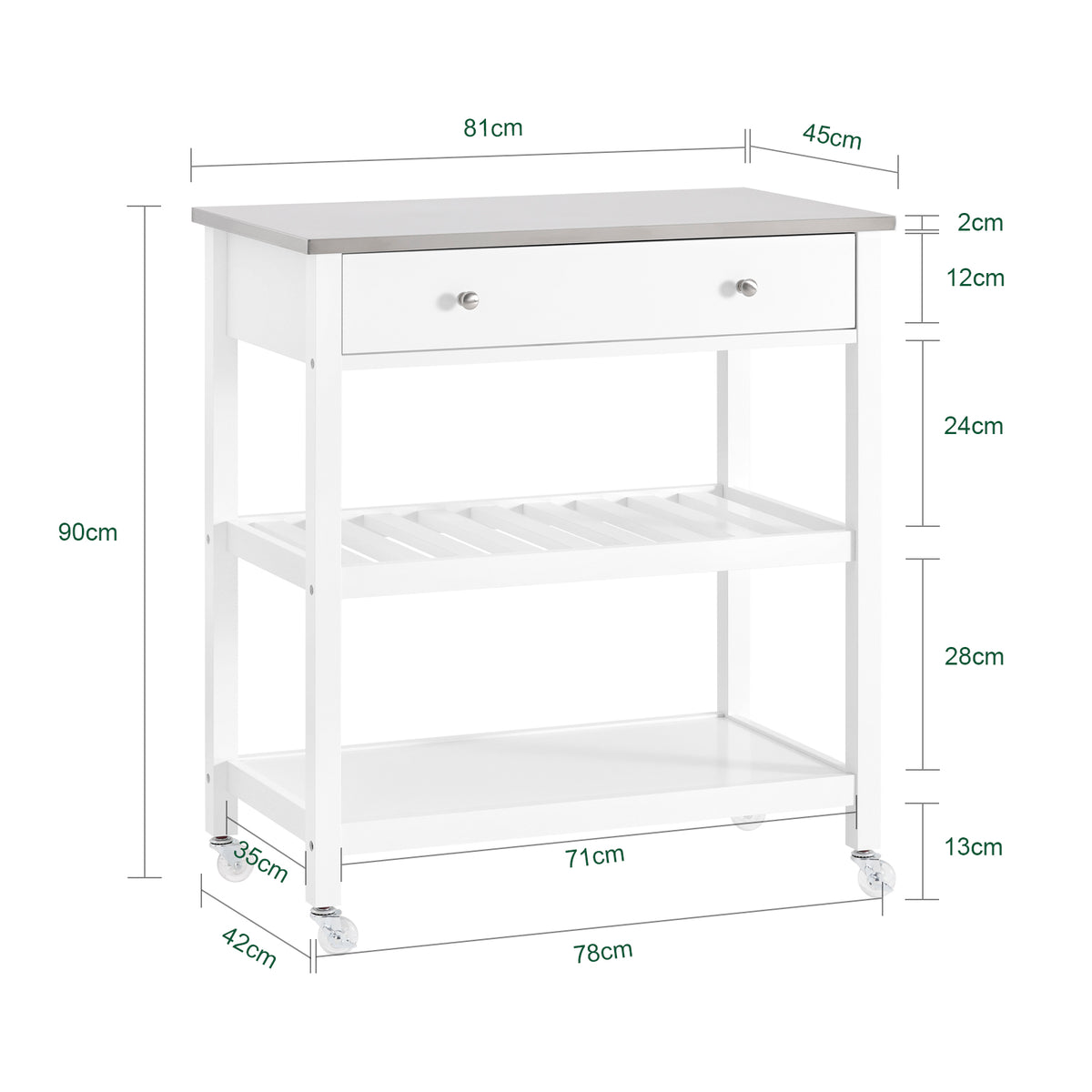 SoBuy FKW47-II-W, Kitchen Trolley Cart Storage Kitchen Island on Wheels, Rolling Island with Stainless Steel Worktop Multi-Tier Serving Organiser Unit for Pantry, Outdoor, Dining Room White 81x45x90cm