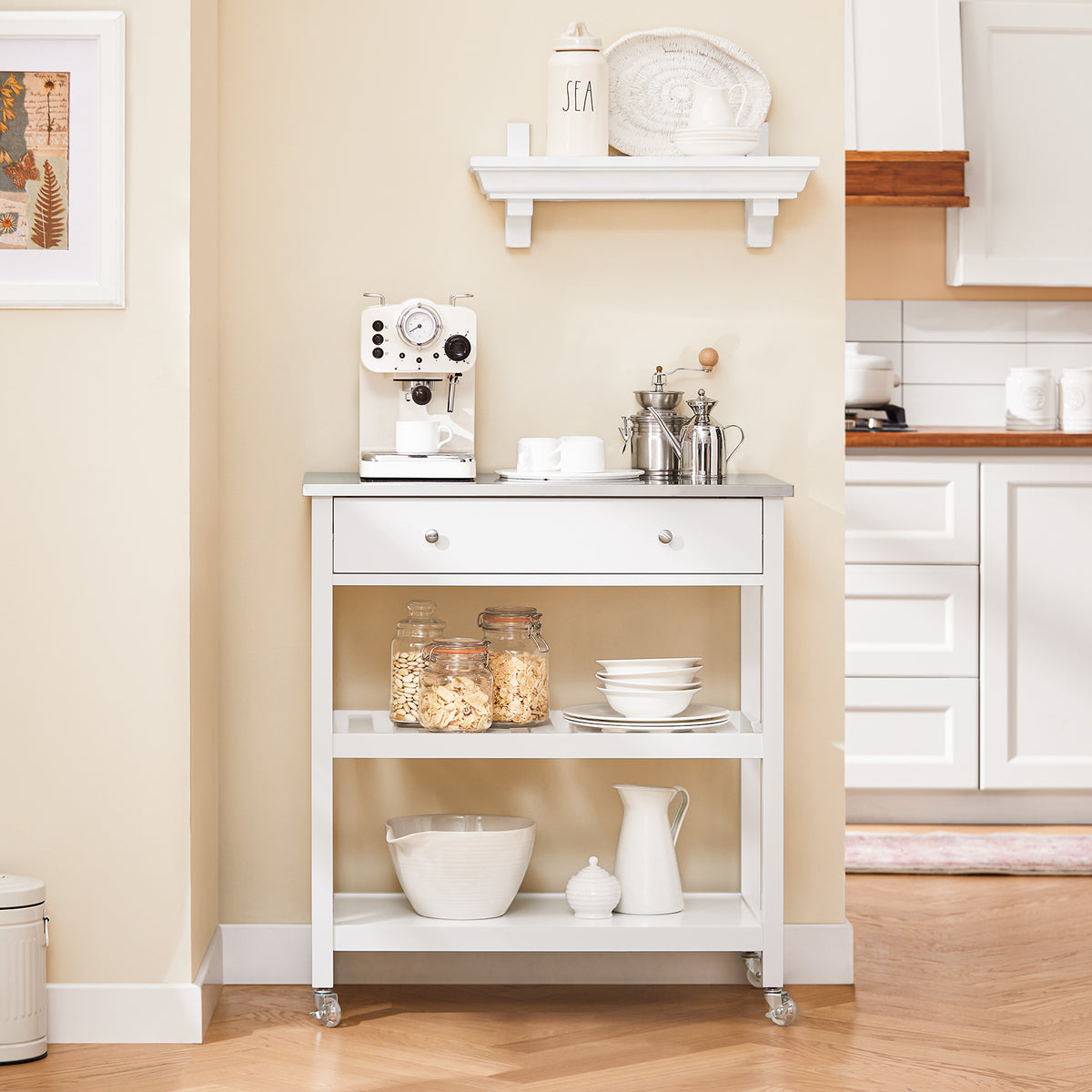 SoBuy FKW47-II-W, Kitchen Trolley Cart Storage Kitchen Island on Wheels, Rolling Island with Stainless Steel Worktop Multi-Tier Serving Organiser Unit for Pantry, Outdoor, Dining Room White 81x45x90cm