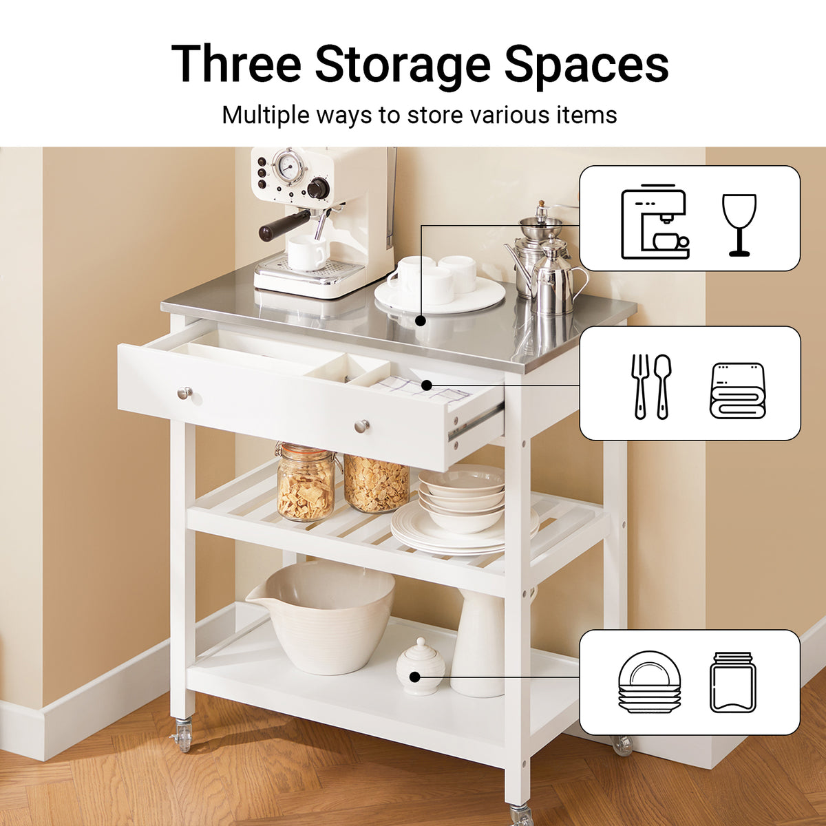 SoBuy FKW47-II-W, Kitchen Trolley Cart Storage Kitchen Island on Wheels, Rolling Island with Stainless Steel Worktop Multi-Tier Serving Organiser Unit for Pantry, Outdoor, Dining Room White 81x45x90cm