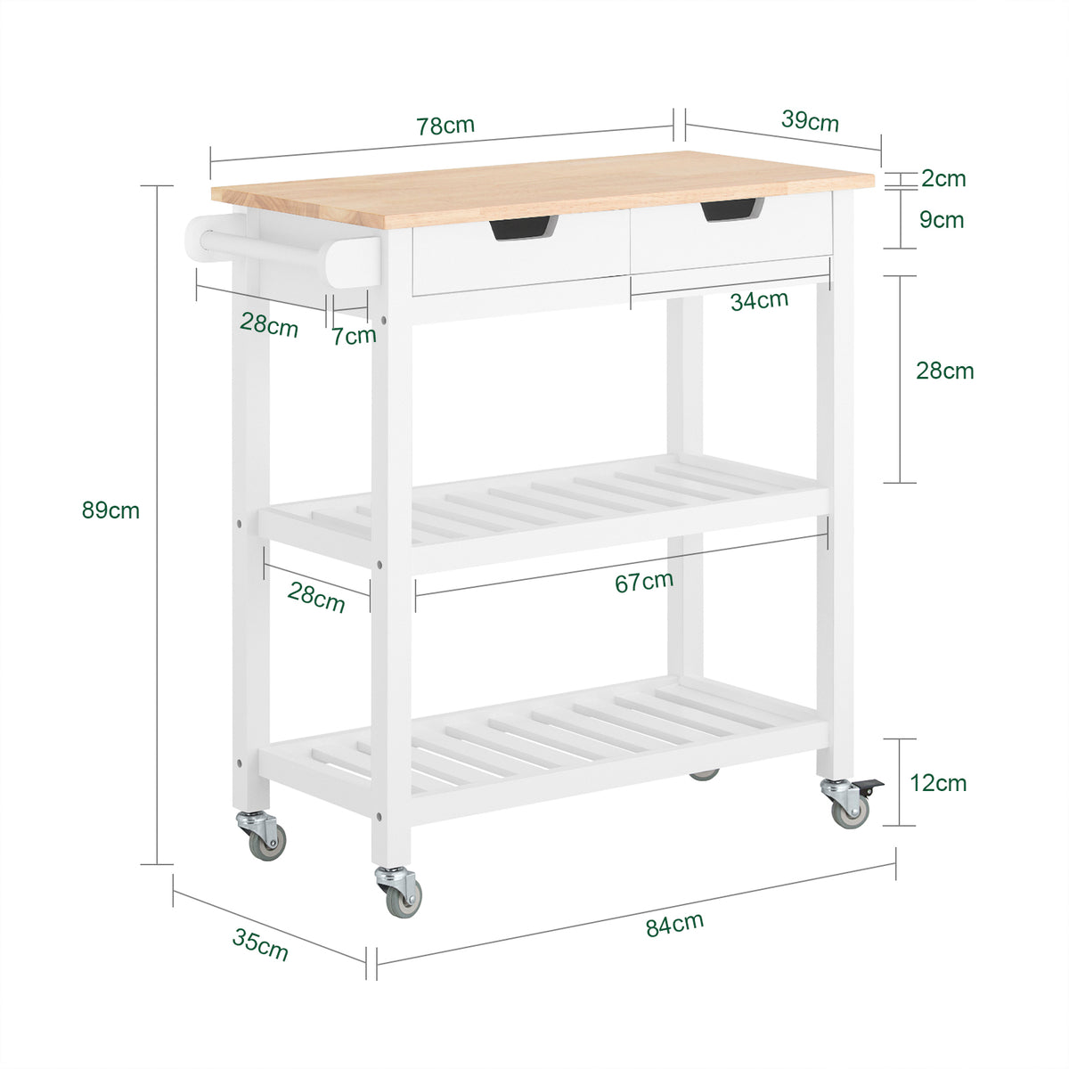 SoBuy FKW68-WN, Kitchen Storage Serving Trolley with Rubber Wood Top 2 Drawers 2 Shelves, White
