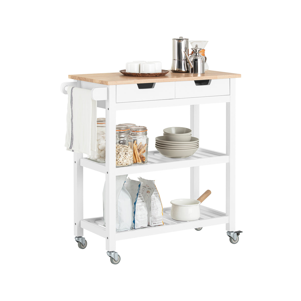 SoBuy FKW68-WN, Kitchen Storage Serving Trolley with Rubber Wood Top 2 Drawers 2 Shelves, White