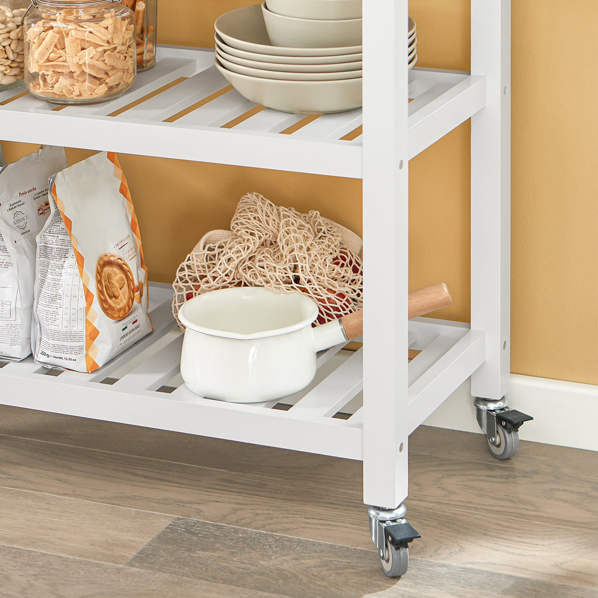 SoBuy FKW68-WN, Kitchen Storage Serving Trolley with Rubber Wood Top 2 Drawers 2 Shelves, White