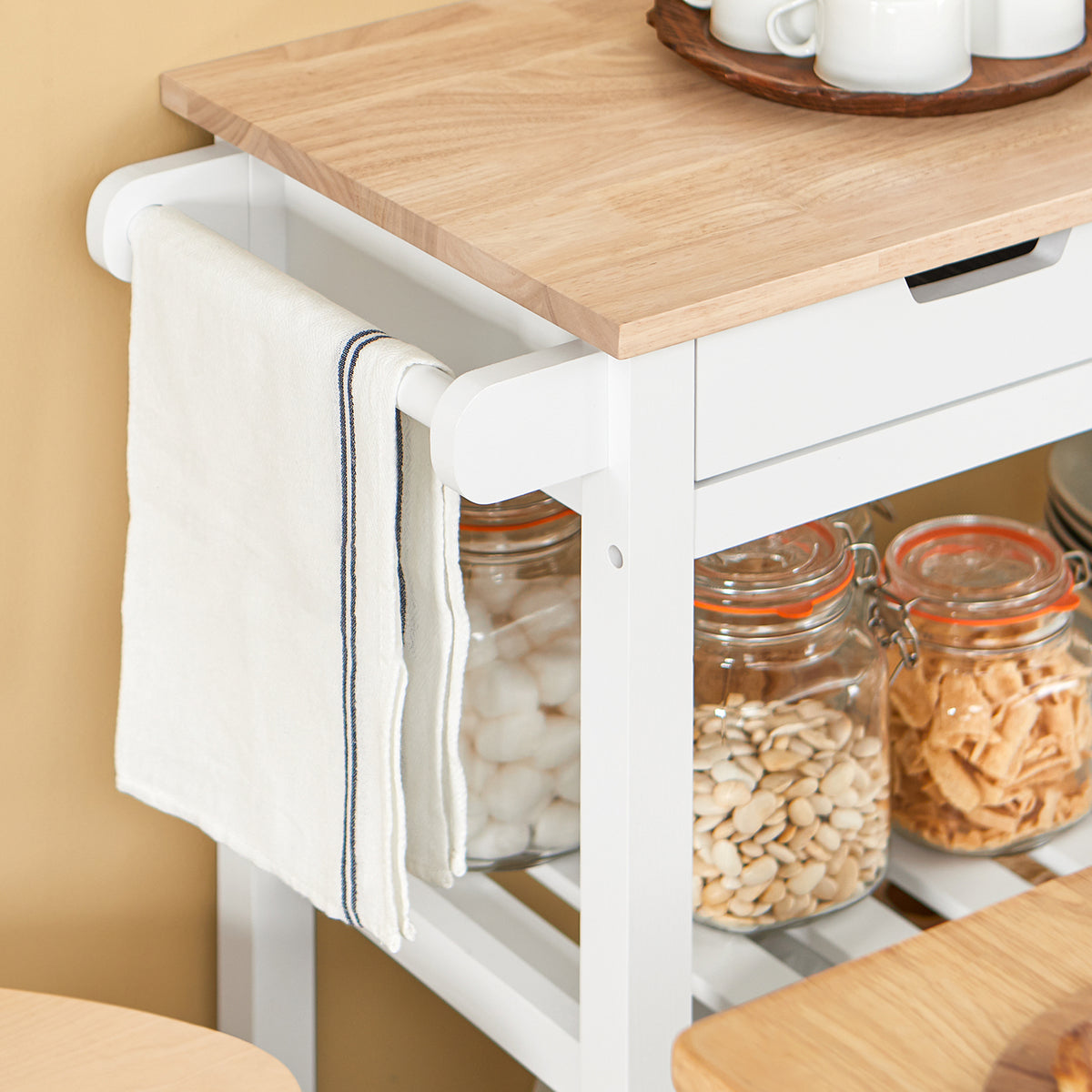 SoBuy FKW68-WN, Kitchen Storage Serving Trolley with Rubber Wood Top 2 Drawers 2 Shelves, White