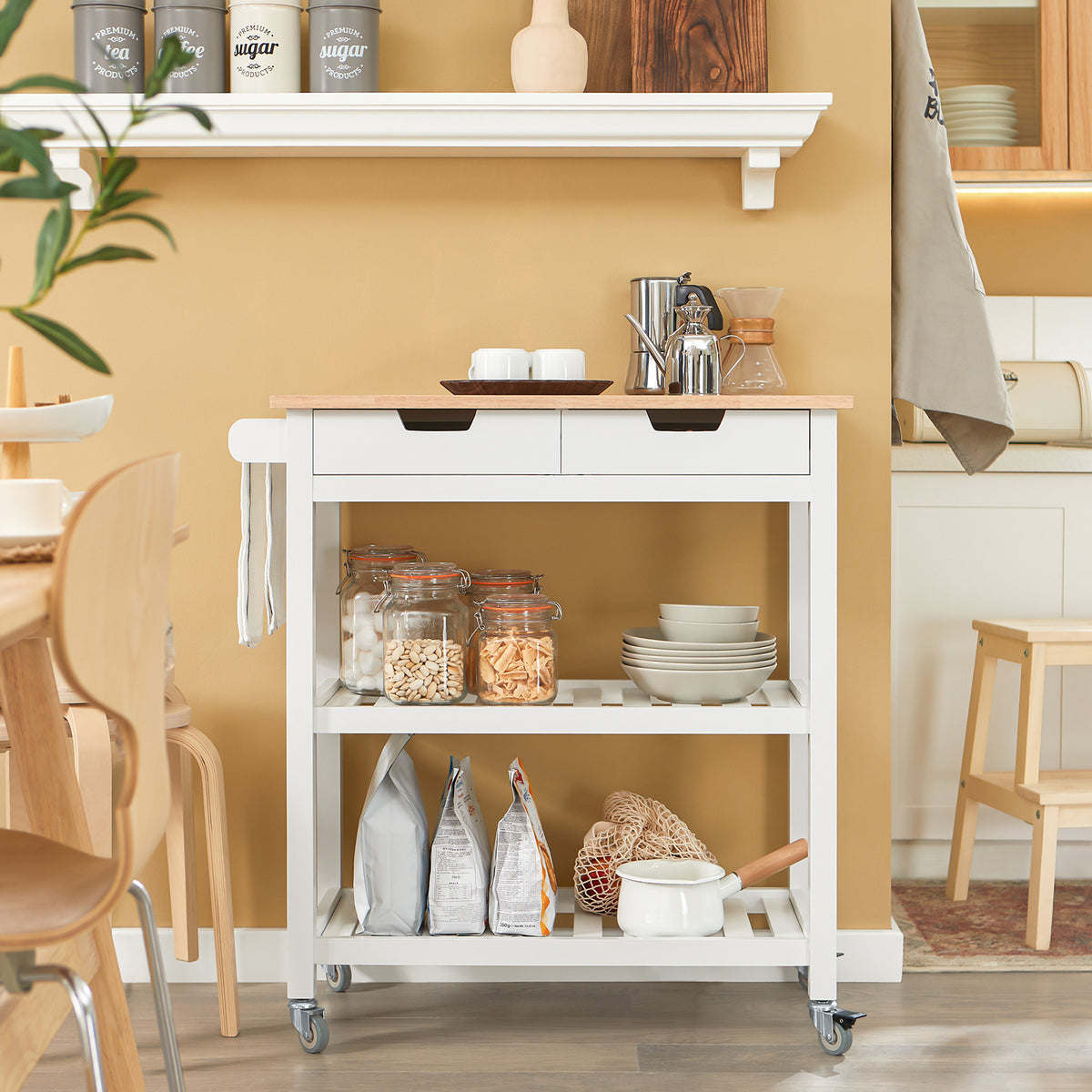 SoBuy FKW68-WN, Kitchen Storage Serving Trolley with Rubber Wood Top 2 Drawers 2 Shelves, White
