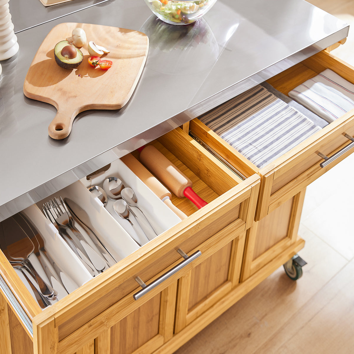 SoBuy FKW69-N Kitchen Island on Wheels Rolling Kitchen Storage Trolley with Extendable Worktop, 2 Drawers and Adjustable Shelves for Dining Room, Breakfast Bar Natural 115 x(46-71) x92cm