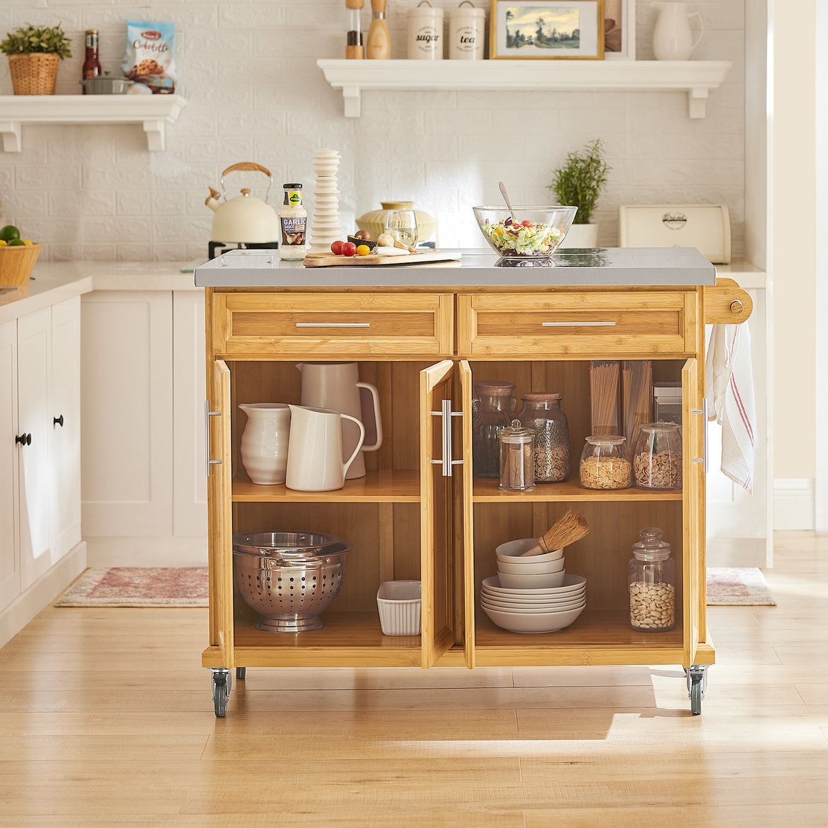 SoBuy FKW69-N Kitchen Island on Wheels Rolling Kitchen Storage Trolley with Extendable Worktop, 2 Drawers and Adjustable Shelves for Dining Room, Breakfast Bar Natural 115 x(46-71) x92cm