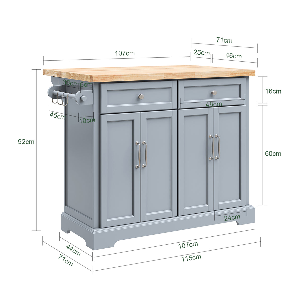SoBuy FKW71-II-HG kitchen island dimensions W115 x D46-71 x H92cm extendable worktop rolling kitchen storage trolley grey