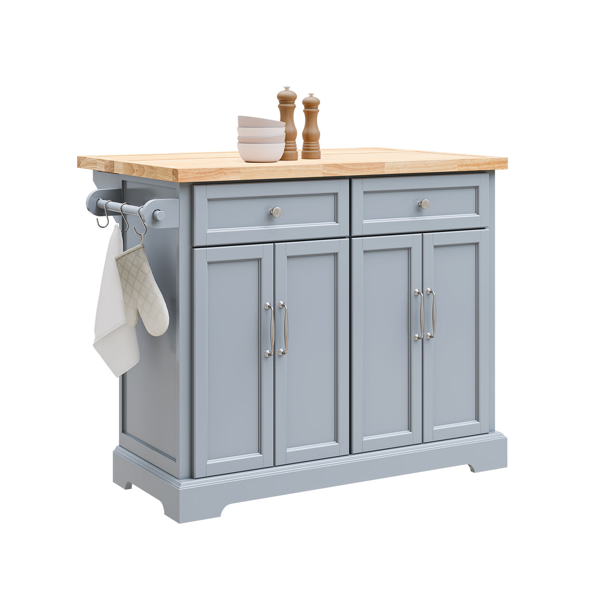 SoBuy FKW71-II-HG grey kitchen island on wheels with extendable rubber wood worktop 2 drawers 2 cabinets and towel rack 115x92cm