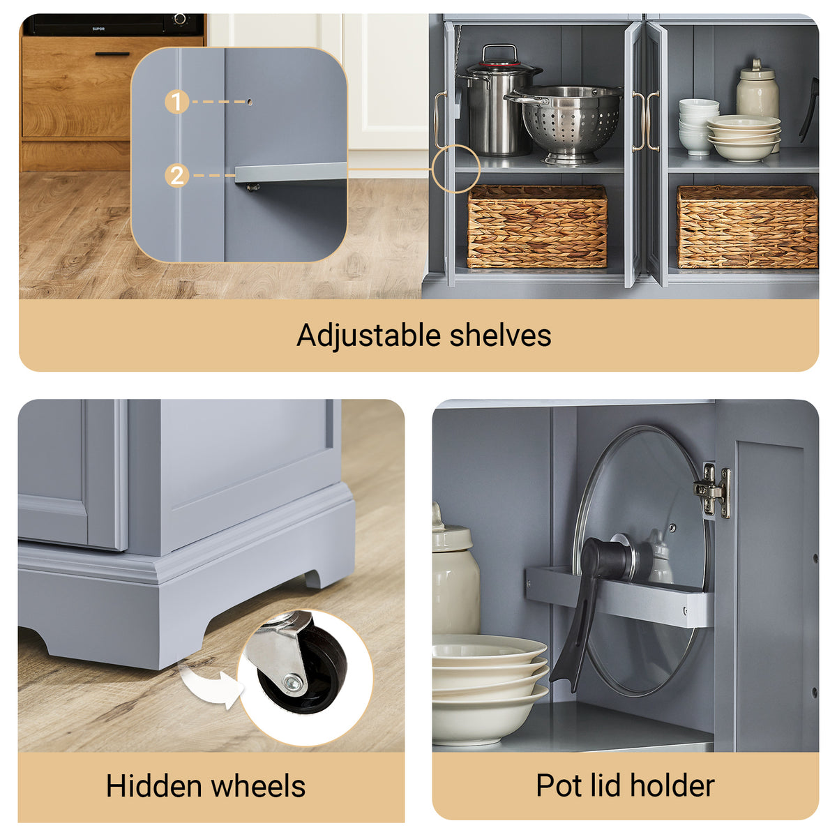 SoBuy FKW71-II-HG double-door cabinet with adjustable shelves and U-shaped rods for pot lids grey kitchen island
