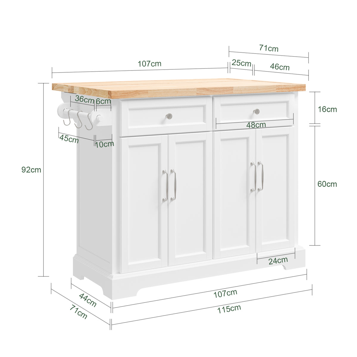SoBuy FKW71-III-WN kitchen island dimensions W115 x D46-71 x H92cm extendable worktop rolling kitchen storage trolley white