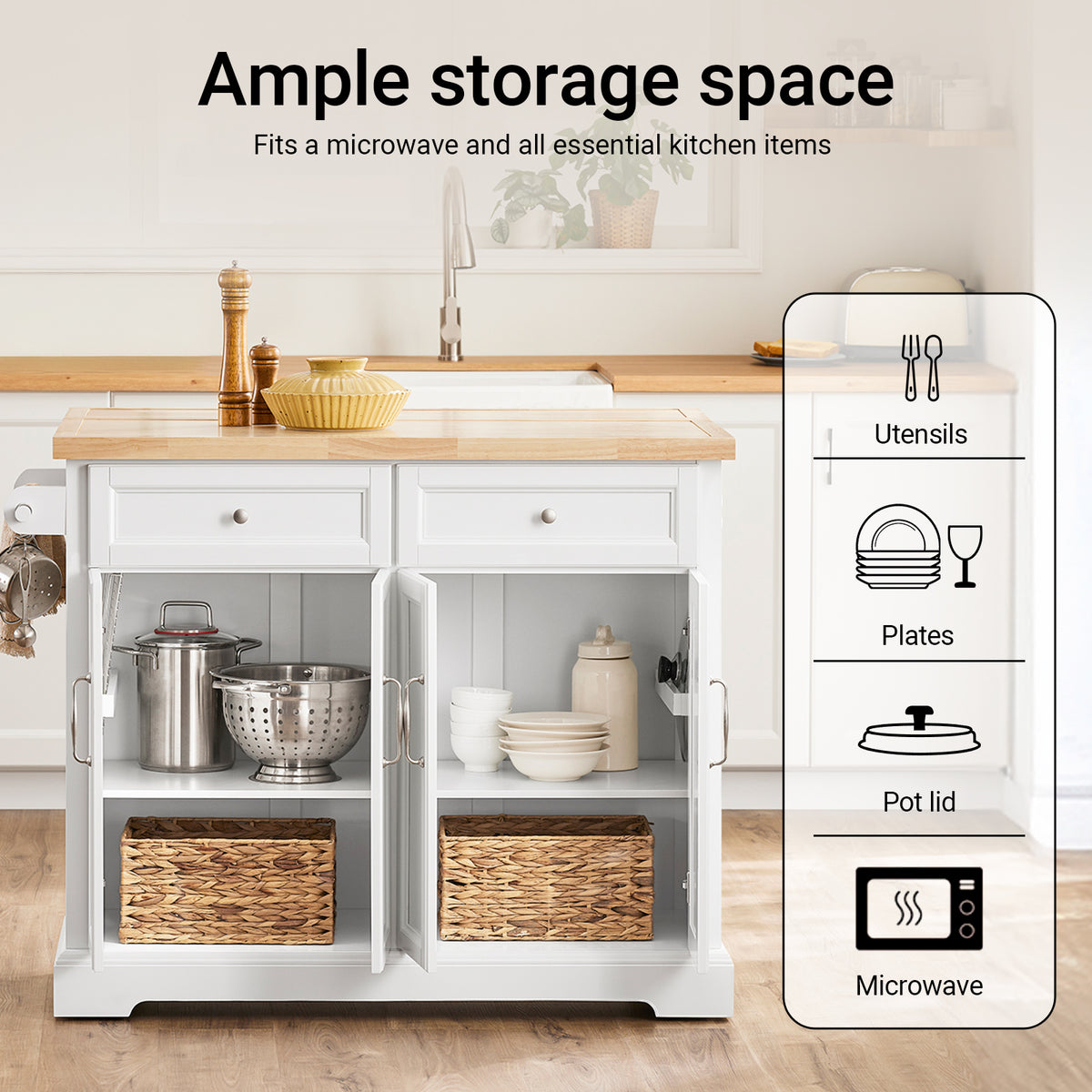 SoBuy FKW71-III-WN multifunctional kitchen island with 2 drawers 2 cabinets towel rack and extendable worktop white 78kg