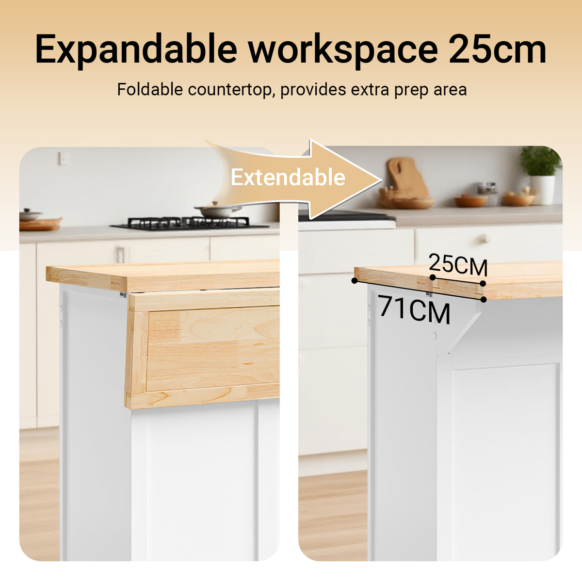 SoBuy FKW71-III-WN extendable rubber wood worktop expanding from 46cm to 71cm depth kitchen island white