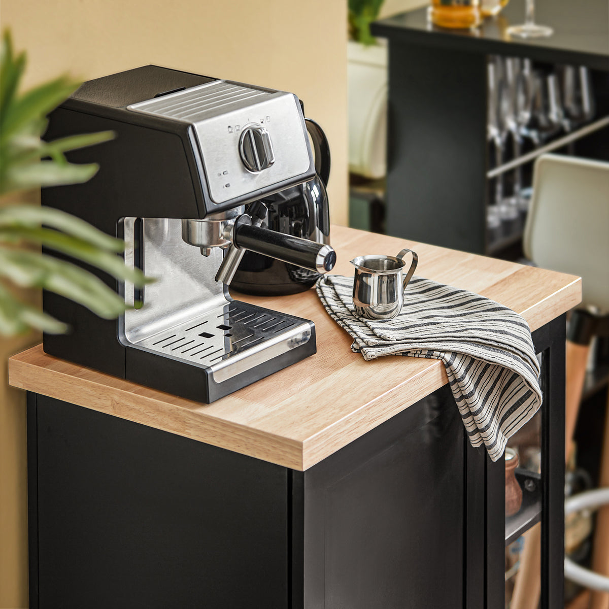 SoBuy FKW75-SCH used as mobile bar cart or drinks station with open side shelves and enclosed cabinet storage black