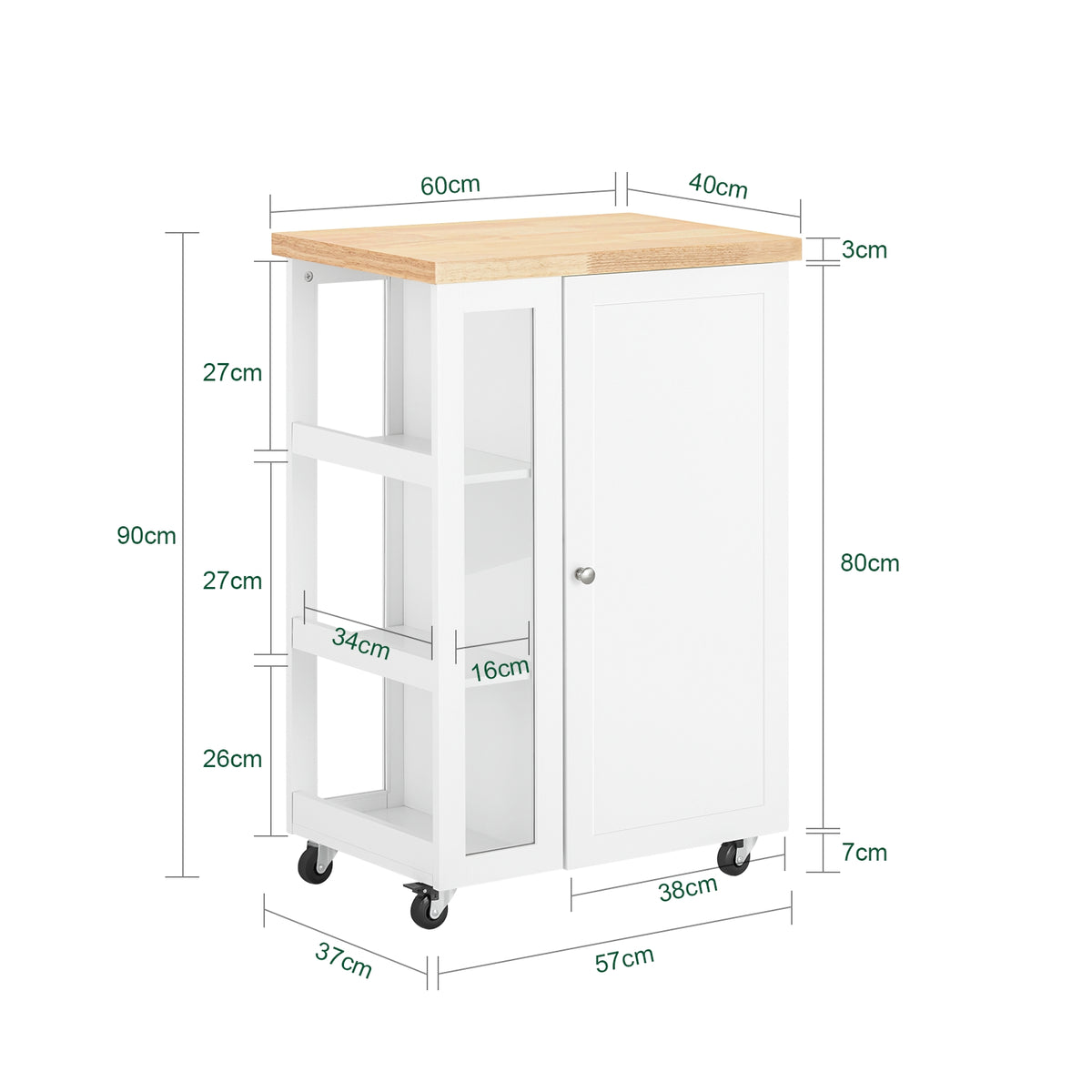 SoBuy FKW75-WN kitchen trolley dimensions W60 x D40 x H90cm compact white freestanding kitchen storage cart 75kg capacity
