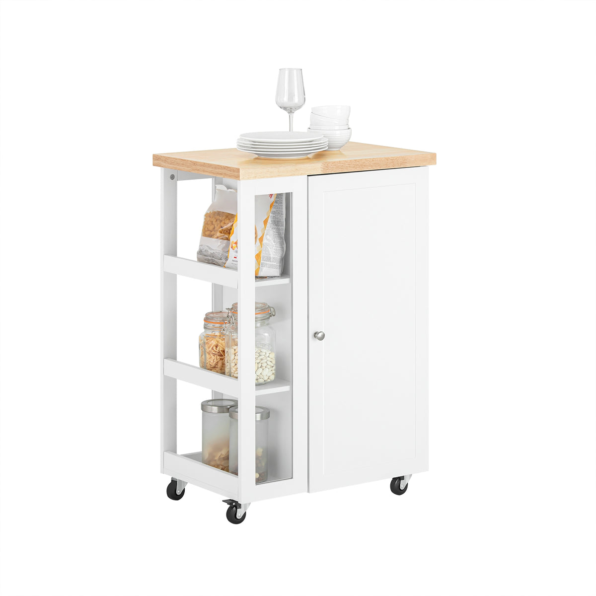 SoBuy FKW75-WN white kitchen trolley on wheels with rubber wood worktop single-door cabinet and 3-tier tempered glass side rack 60x40x90cm