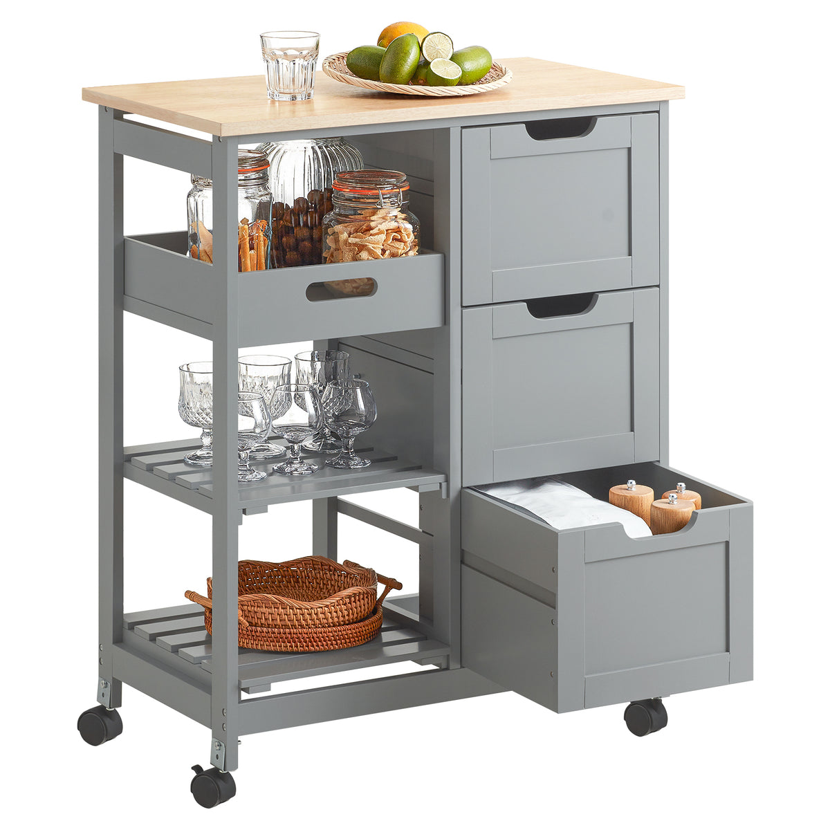SoBuy FKW79-HG grey kitchen trolley on wheels with rubber wood veneer worktop 3 drawers 2 shelves and removable tray – white background