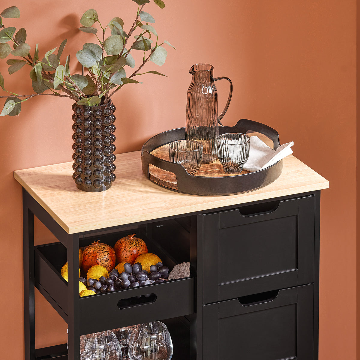 SoBuy FKW79-SCH, Kitchen Trolley Cart Storage Serving Trolley with 3 Drawers and Removable Tray, Black