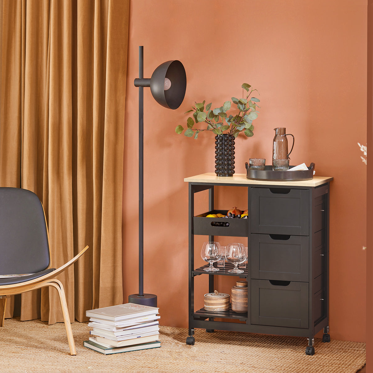 SoBuy FKW79-SCH, Kitchen Trolley Cart Storage Serving Trolley with 3 Drawers and Removable Tray, Black