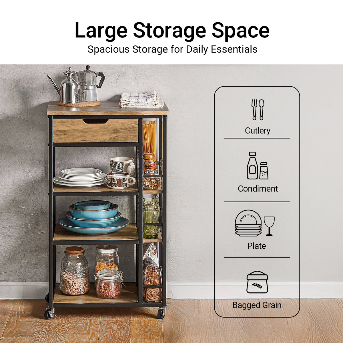SoBuy FKW99-N black industrial kitchen trolley full product overview – drawer 3-tier shelves 3-tier steel side rack and 4 castors