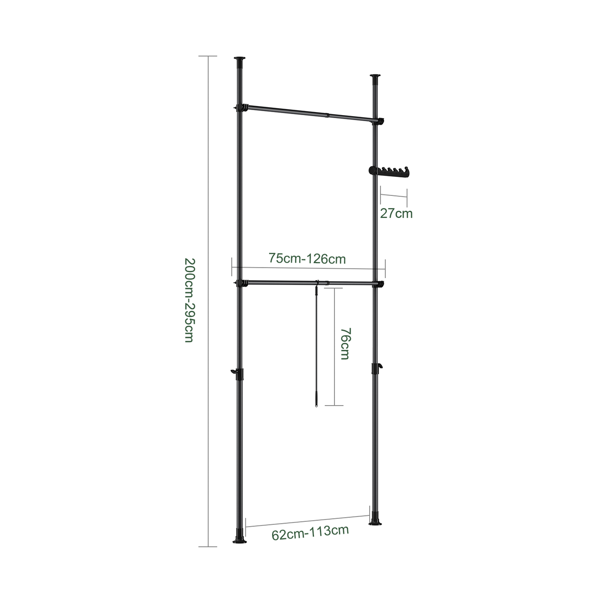 SoBuy FRG109-II-SCH, Telescopic Clothes Rail, Heavy Duty Clothes Rack, Adjustable Open Wardrobe with Hanging Rails for Bedroom, Walk-in Closet Black B(75–126) × H(200–295) cm