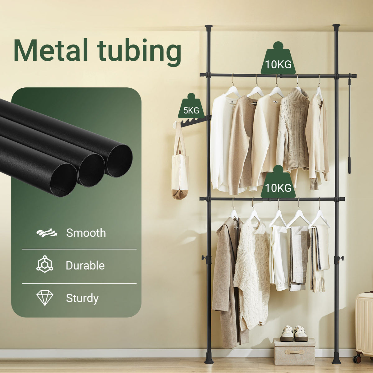 SoBuy FRG109-II-SCH, Telescopic Clothes Rail, Heavy Duty Clothes Rack, Adjustable Open Wardrobe with Hanging Rails for Bedroom, Walk-in Closet Black B(75–126) × H(200–295) cm