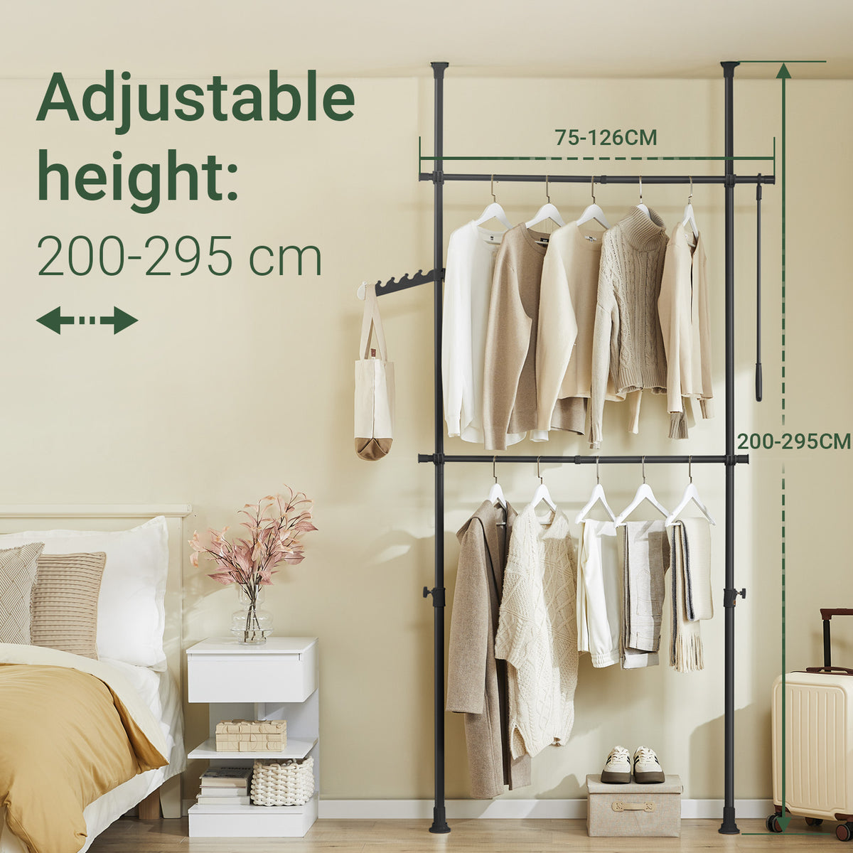 SoBuy FRG109-II-SCH, Telescopic Clothes Rail, Heavy Duty Clothes Rack, Adjustable Open Wardrobe with Hanging Rails for Bedroom, Walk-in Closet Black B(75–126) × H(200–295) cm
