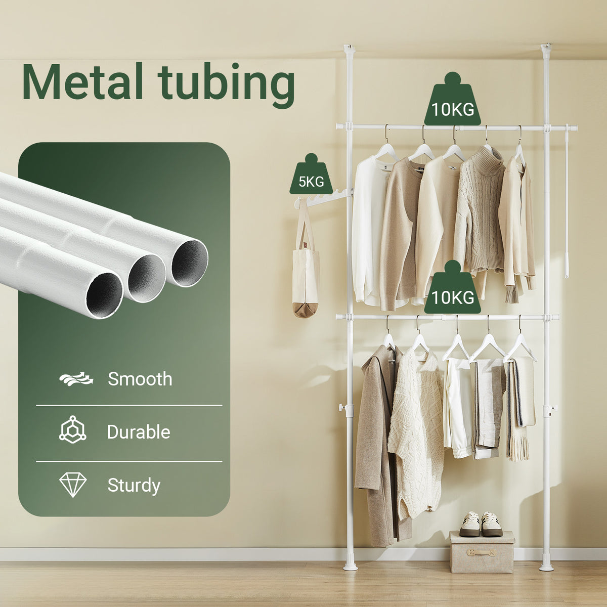 SoBuy FRG109-II-W, Telescopic Clothes Rail, Heavy Duty Clothes Rack, Adjustable Open Wardrobe with Hanging Rails for Bedroom, Walk-in Closet White