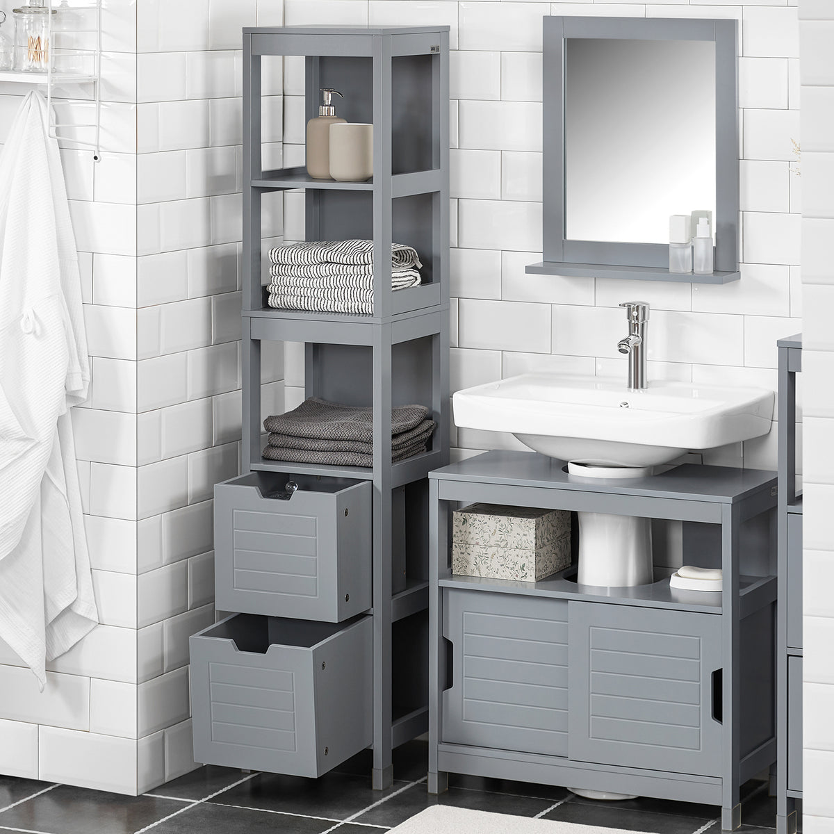SoBuy FRG126-SG, Tall Bathroom Storage Cabinet with 3 Shelves and 2 Drawers, Grey