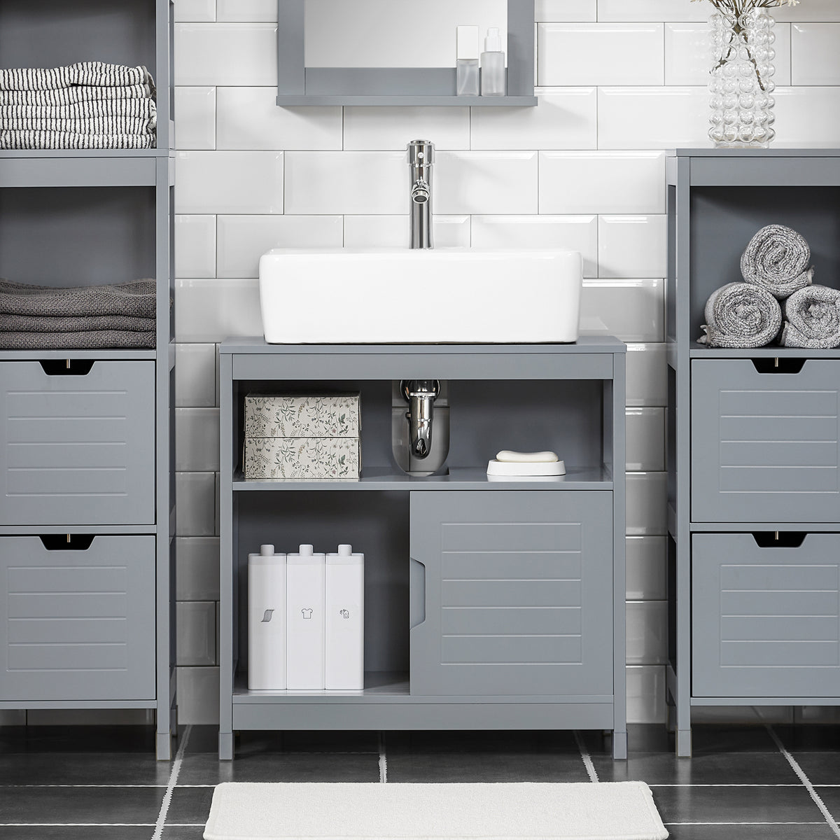 SoBuy FRG128-SG, Under Sink Bathroom Storage Cabinet with Shelf and Sliding Doors, Grey