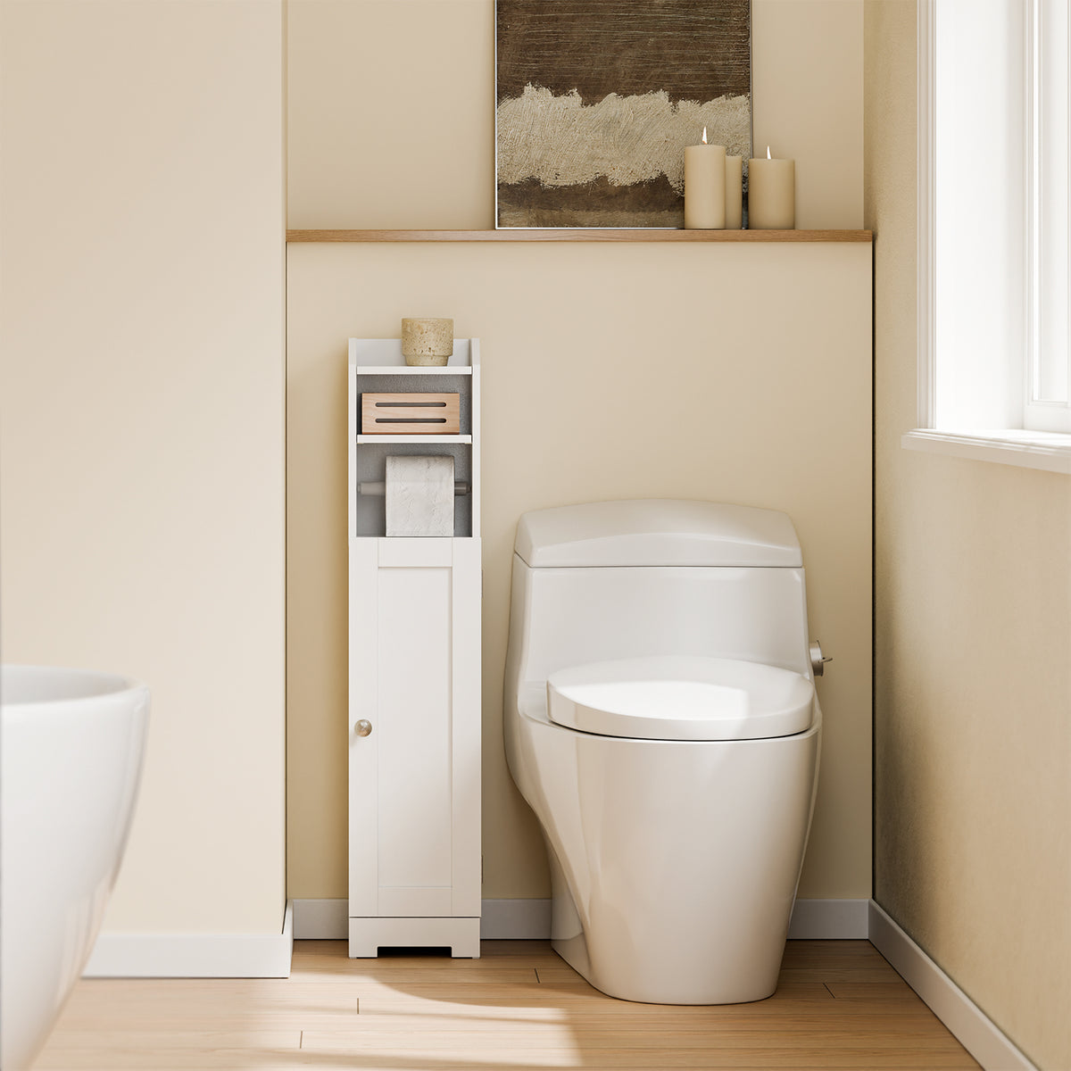 Pre-sale SoBuy FRG177-II-W, Slim Bathroom Storage Cabinet Narrow Toilet Cabinet with Door, Adjustable Shelf & Toilet Roll Holder Freestanding Bathroom Storage Unit for Small Spaces White