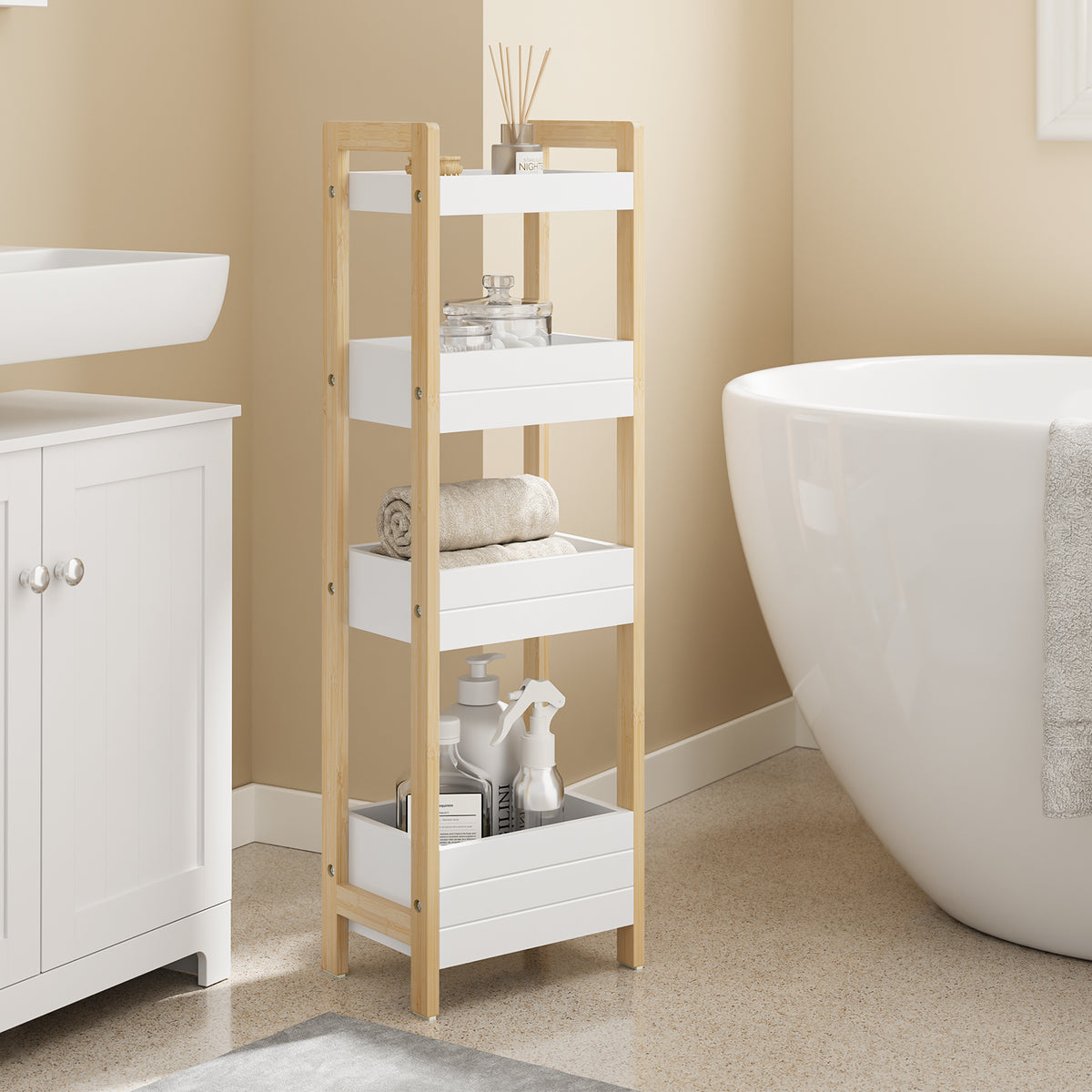 SoBuy FRG226-H-WN, Slim Bathroom Shelves Freestanding, Narrow Tall Bathroom Organiser with 4 Shelves, Wooden Storage Cupboard for Kitchen, W28 x D20x H90 cm, Natural & White