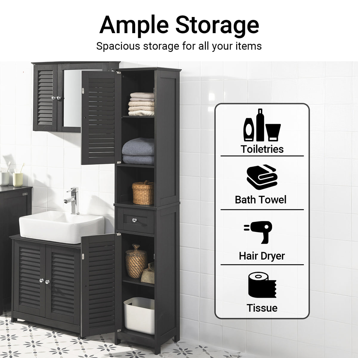 SoBuy FRG236-DG tall bathroom cabinet full product overview UK – dark grey freestanding storage