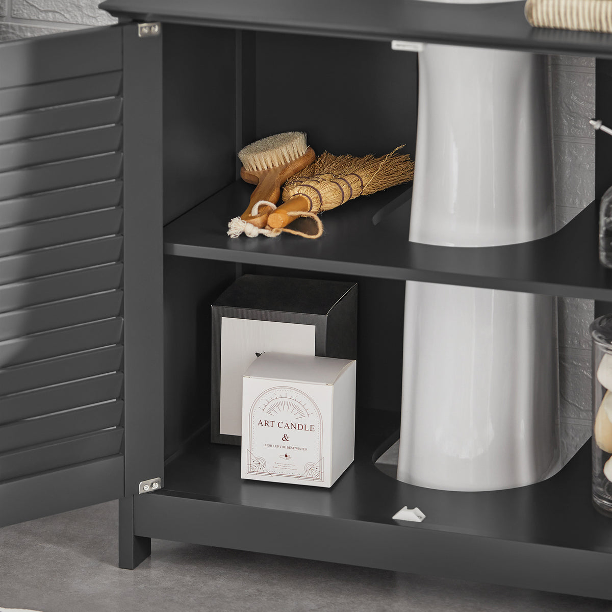 SoBuy FRG237-II-DG, Under Sink Bathroom Cabinet with Adjustable Shelves, MDF Bathroom Storage Unit for Under Sink Storage, Anti-Mold Louvered Door, suitable for Pedestal Sinks, Dark Grey