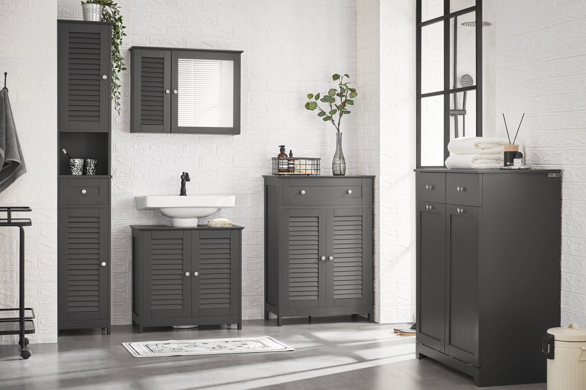 SoBuy FRG237-II-DG, Under Sink Bathroom Cabinet with Adjustable Shelves, MDF Bathroom Storage Unit for Under Sink Storage, Anti-Mold Louvered Door, suitable for Pedestal Sinks, Dark Grey