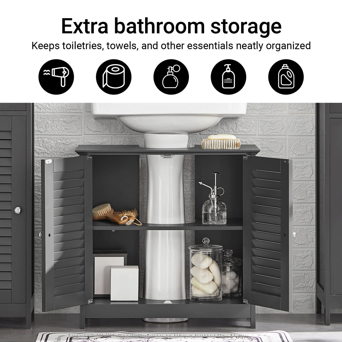 SoBuy FRG237-II-DG, Under Sink Bathroom Cabinet with Adjustable Shelves, MDF Bathroom Storage Unit for Under Sink Storage, Anti-Mold Louvered Door, suitable for Pedestal Sinks, Dark Grey