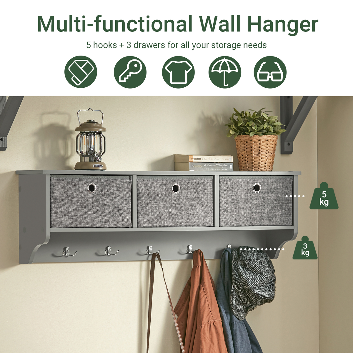 SoBuy FRG282-HG wall coat rack feature overview – 3 fabric baskets 5 hooks hallway organiser