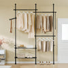 SoBuy FRG34-II-SCH Telescopic Clothing Rack, Heavy-Duty Garment Rail, Adjustable Open Wardrobe with Shelves for Bedroom, Coat Stand, Black