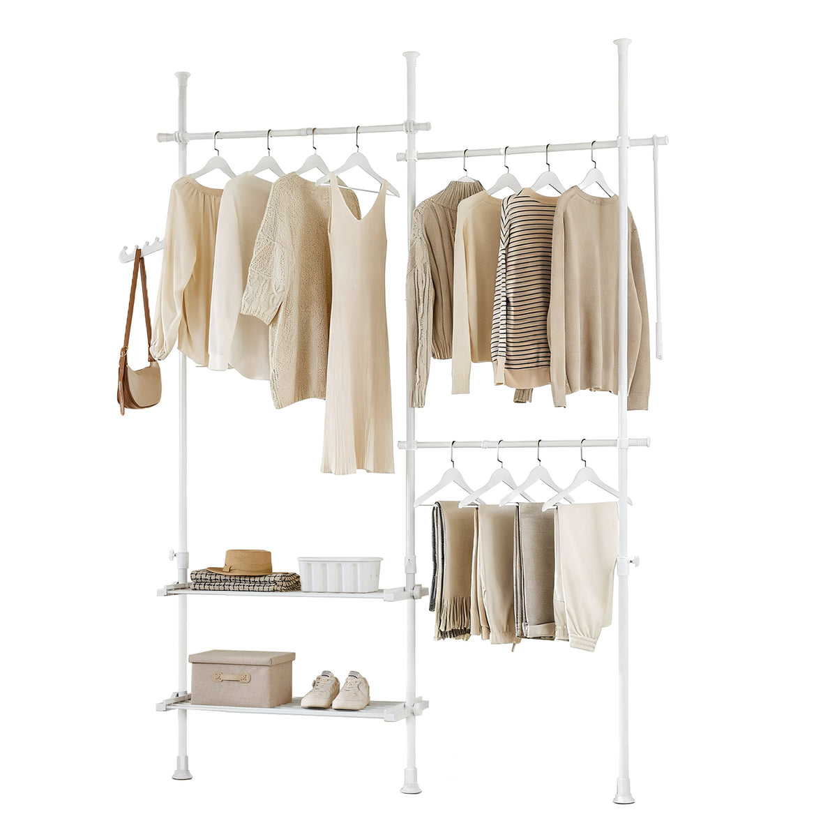 SoBuy FRG34-II-W, Telescopic Clothes Rail, Heavy Duty Clothes Rack, Adjustable Open Wardrobe with Hanging Rails & Shelves for Bedroom, Walk-in Closet White