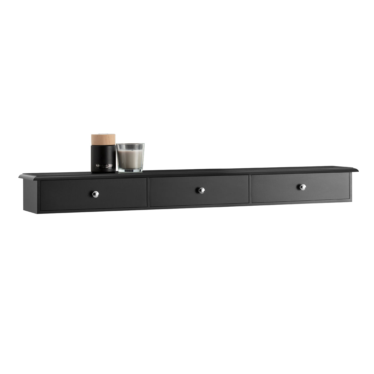 SoBuy FRG43-L-SCH black floating wall shelf with 3 drawers white background