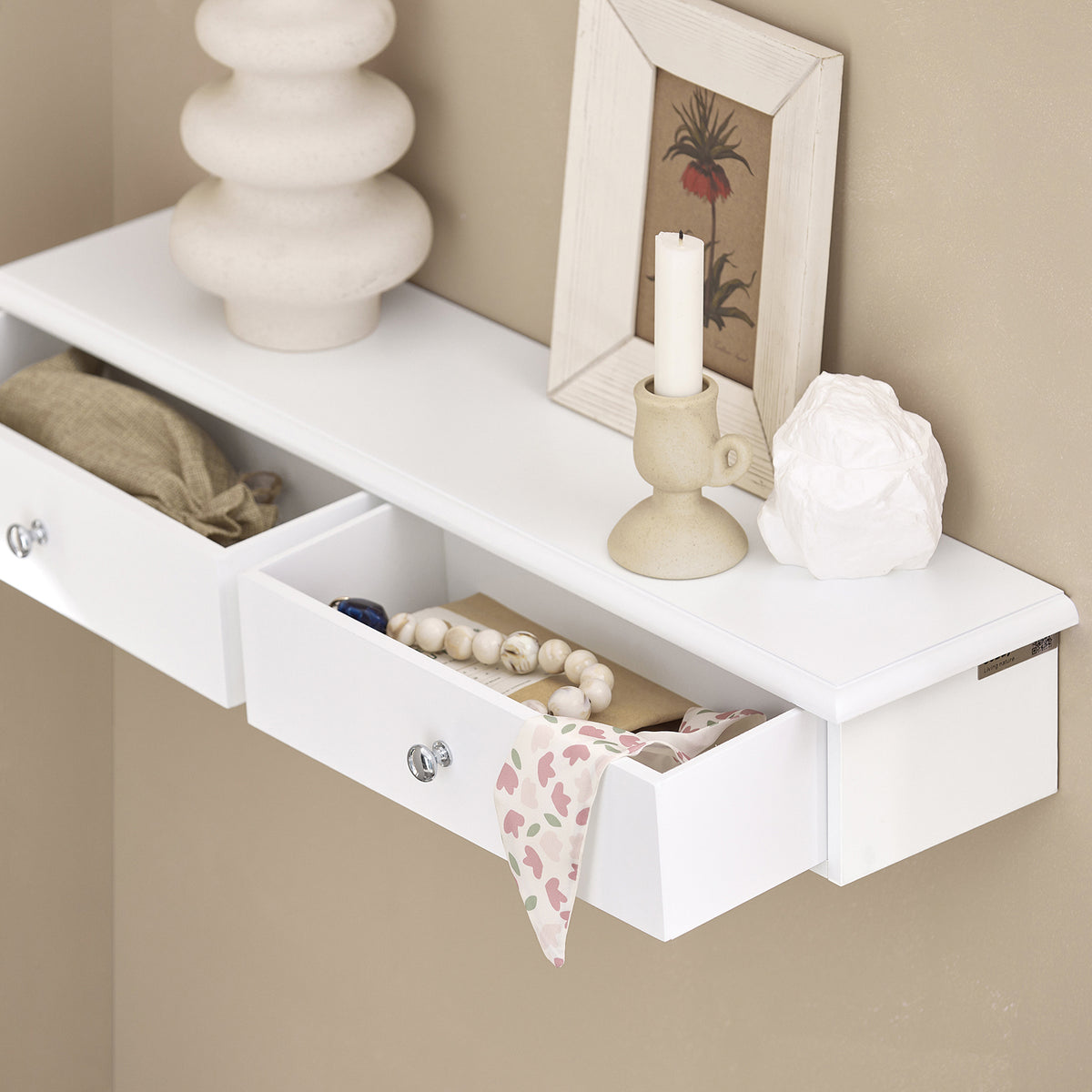 SoBuy FRG43-W, Floating Shelf with 2 Drawers - Modern Wall Mounted Shelf for Bedroom, Hallway & Living Room, White W64 x D15 x H10cm
