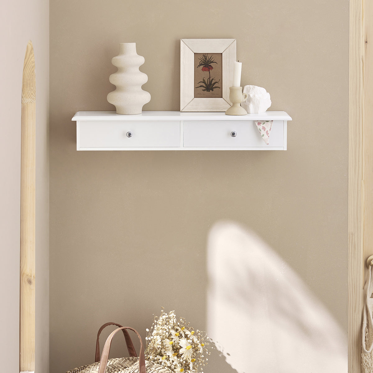 SoBuy FRG43-W, Floating Shelf with 2 Drawers - Modern Wall Mounted Shelf for Bedroom, Hallway & Living Room, White W64 x D15 x H10cm
