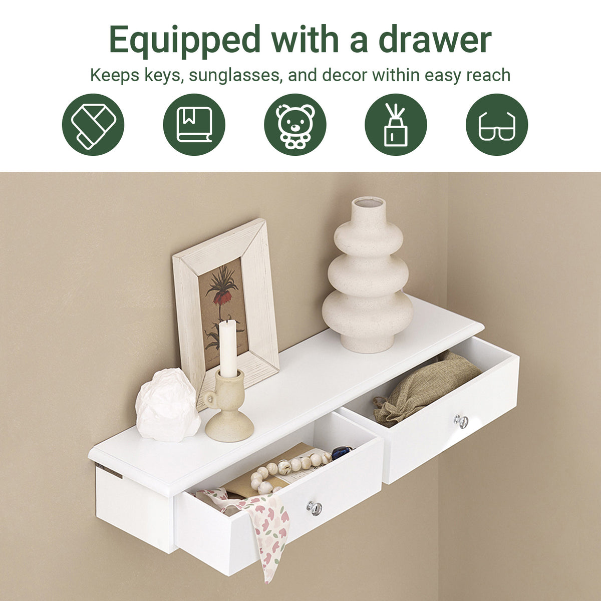 SoBuy FRG43-W, Floating Shelf with 2 Drawers - Modern Wall Mounted Shelf for Bedroom, Hallway & Living Room, White W64 x D15 x H10cm