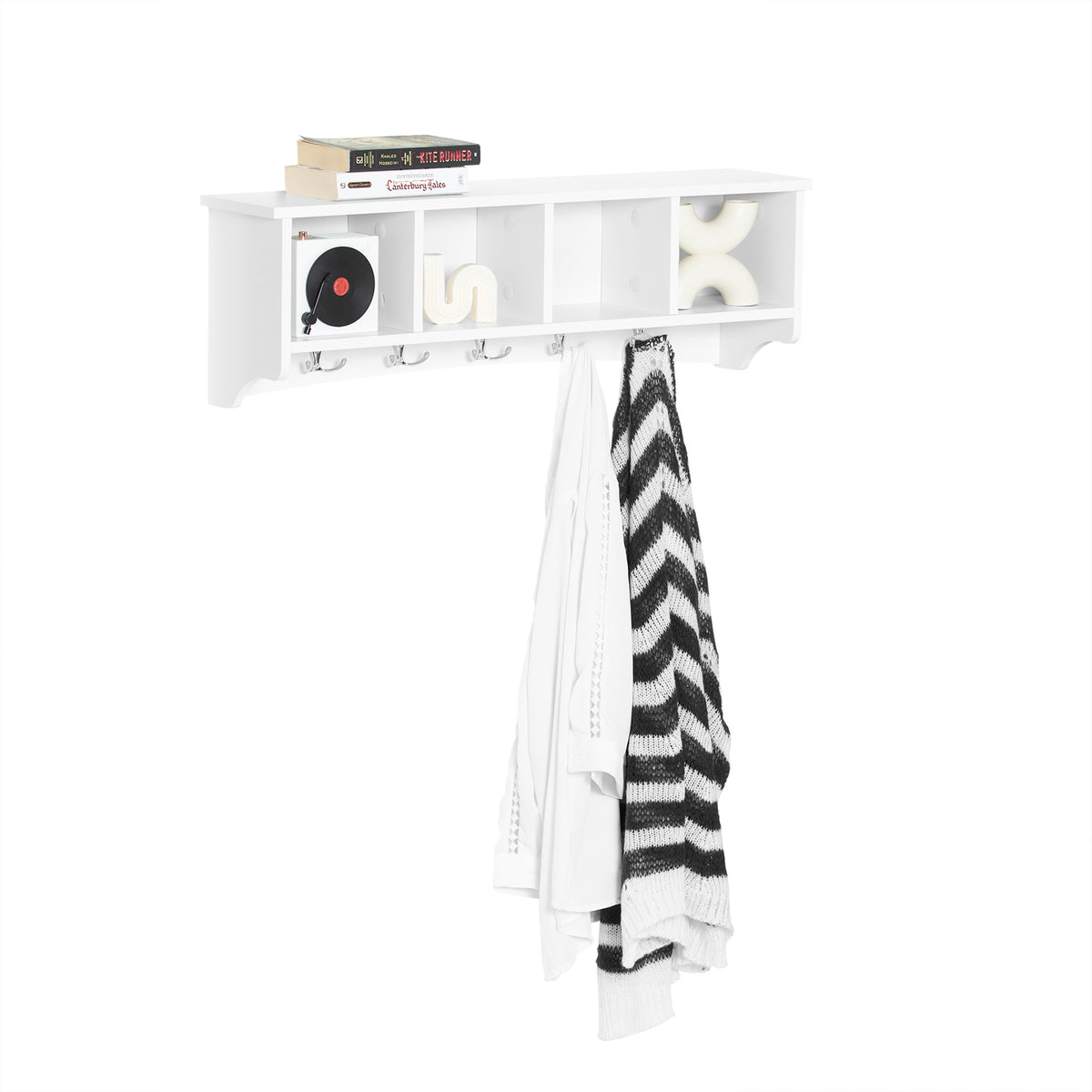 SoBuy FRG48-L-W, Wall Coat Rack Wall Display Storage Unit with 4 Components 5 Hooks, White