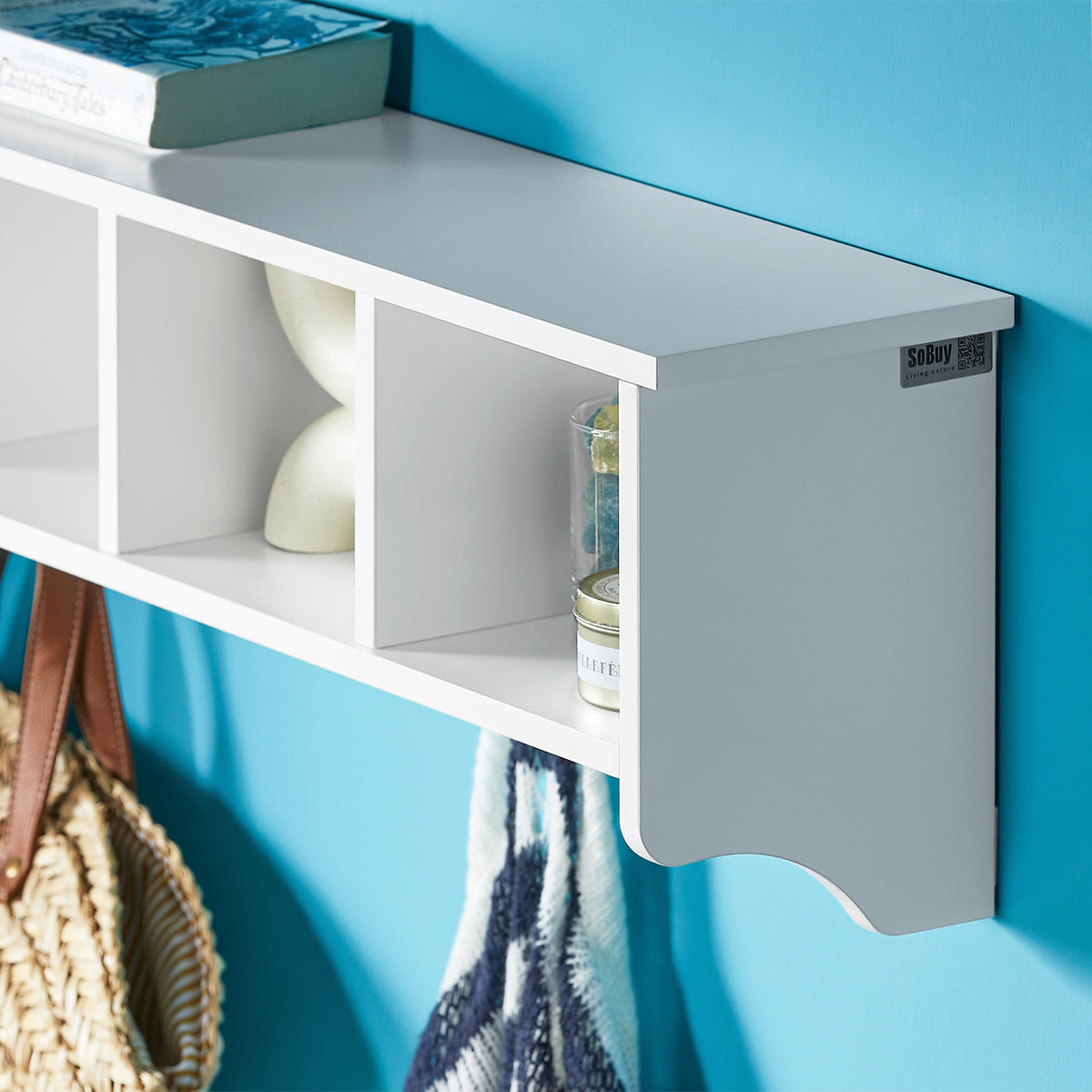 SoBuy FRG48-L-W, Wall Coat Rack Wall Display Storage Unit with 4 Components 5 Hooks, White