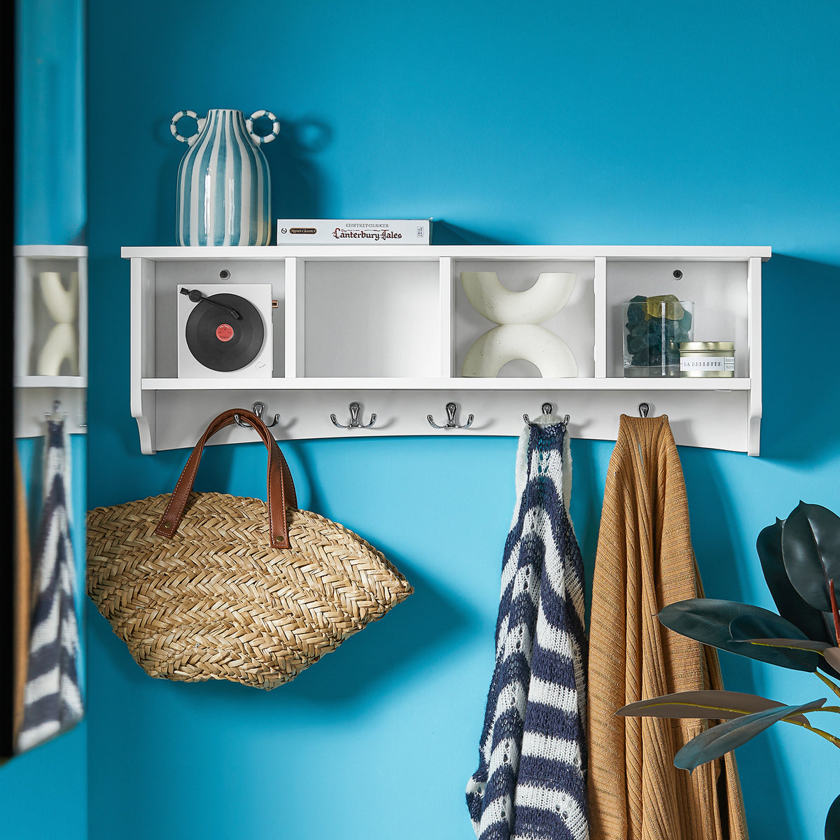 SoBuy FRG48-L-W, Wall Coat Rack Wall Display Storage Unit with 4 Components 5 Hooks, White