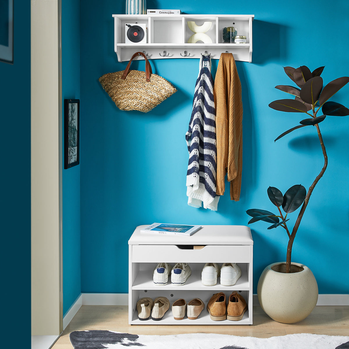 SoBuy FRG48-L-W, Wall Coat Rack Wall Display Storage Unit with 4 Components 5 Hooks, White