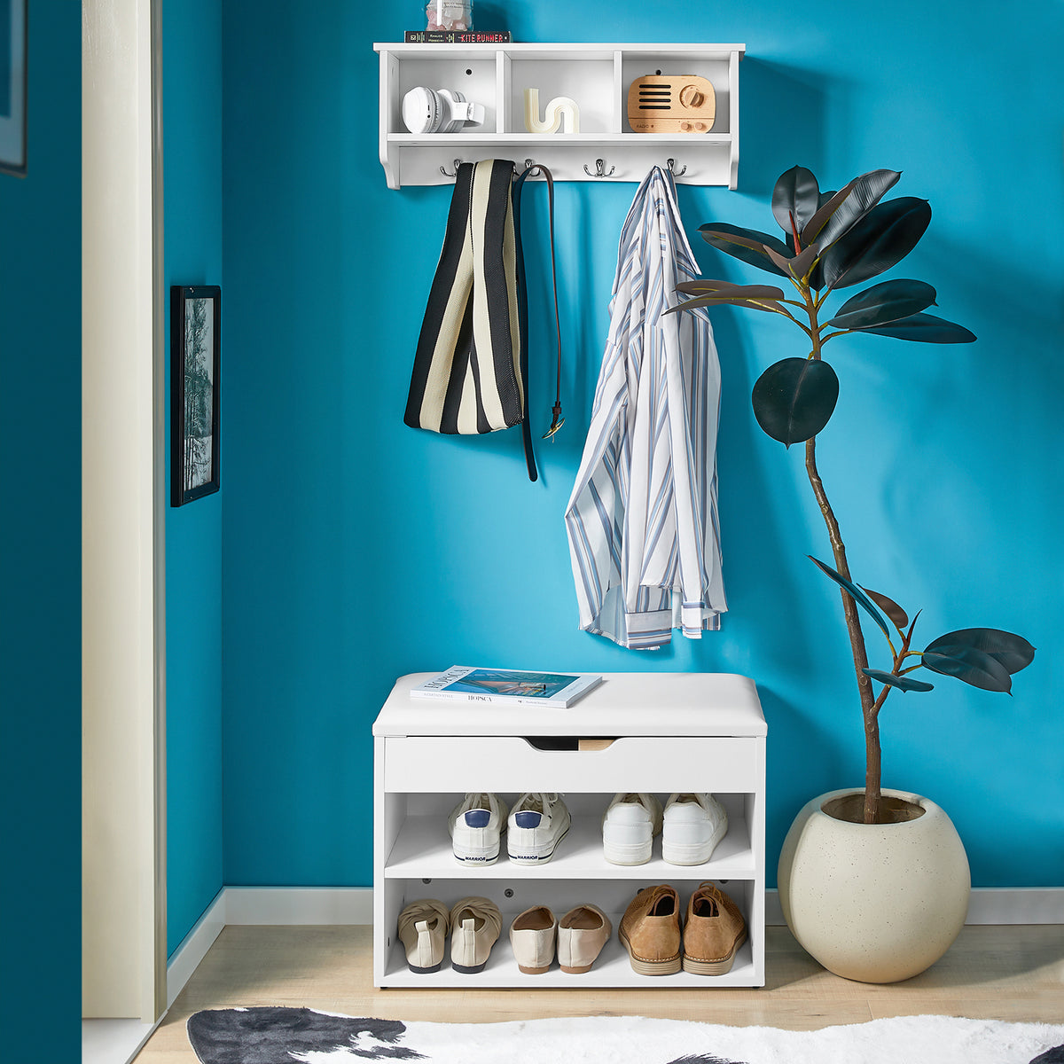 SoBuy FRG48-W, Wall Coat Rack Wall Display Storage Unit with 3 Components 4 Hooks, White