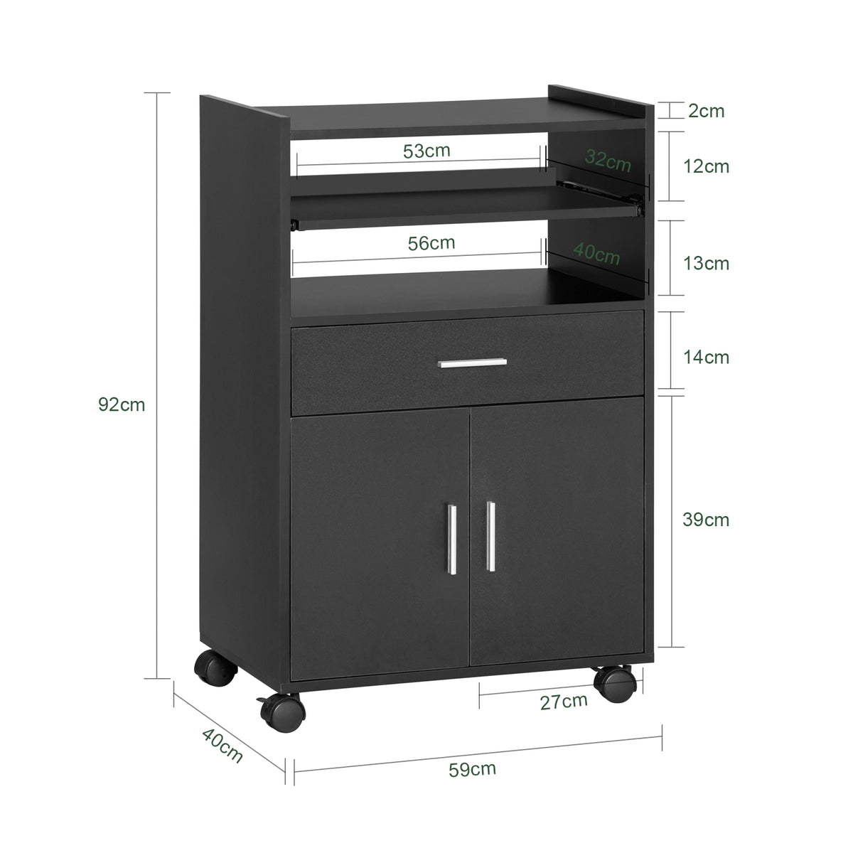 SoBuy FSB09-SCH, Kitchen Trolley with Wheels and Extendable Worktop Microwave Stand Storage Unit with Cupboard Small Mobile Kitchen Cart Cabinet for Home, Office or Dining Room 92x59x40cm, Black