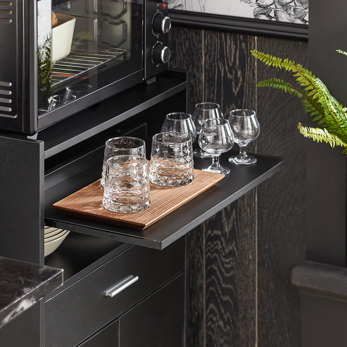 SoBuy FSB09-SCH, Kitchen Trolley with Wheels and Extendable Worktop Microwave Stand Storage Unit with Cupboard Small Mobile Kitchen Cart Cabinet for Home, Office or Dining Room 92x59x40cm, Black
